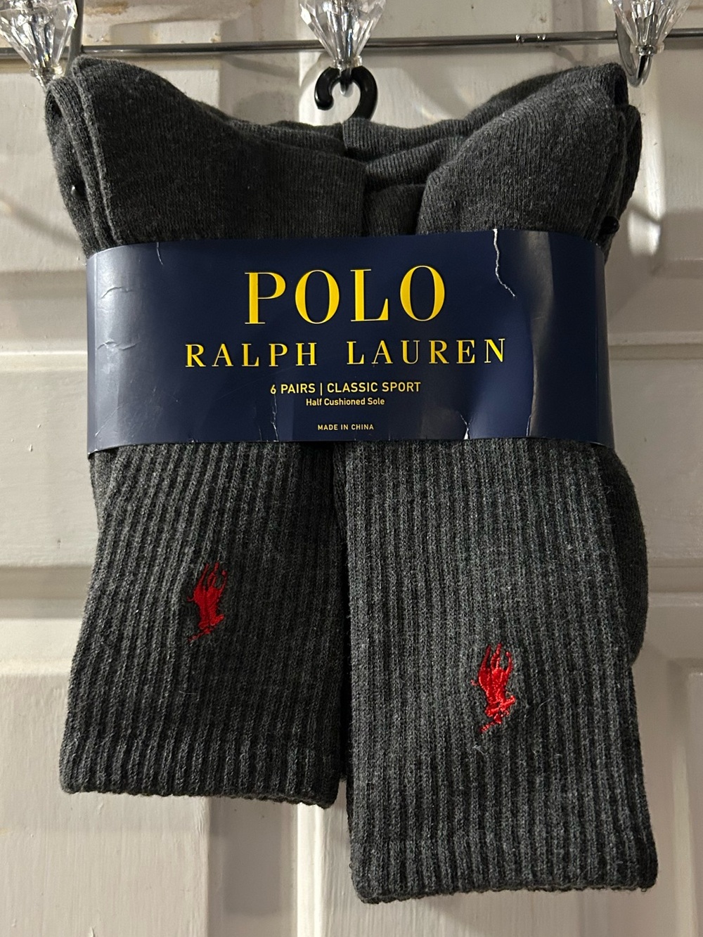 Polo by Ralph Lauren Gray Crew Socks with Red Pony Embroidery (6 Pack)
